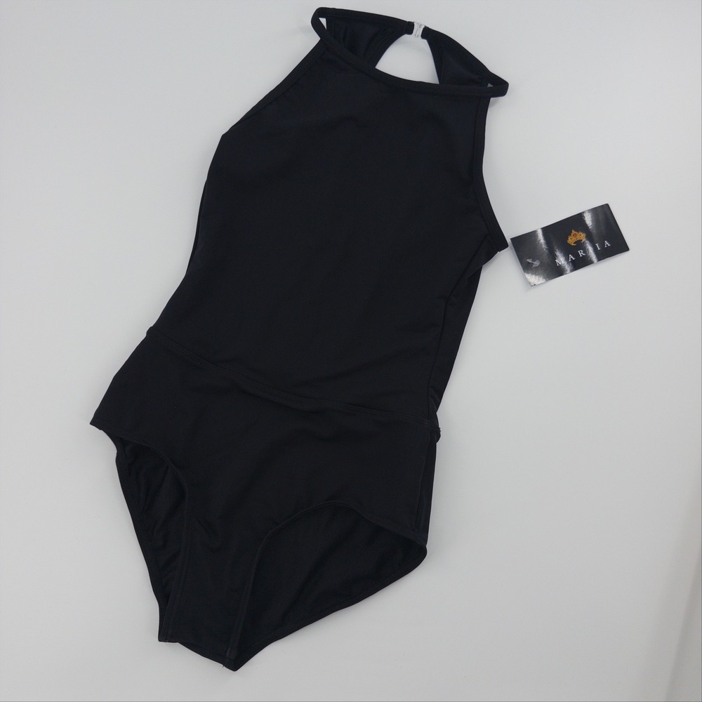 Mariia Isla Leotard ME554 Black High Neck Halter Deep V-Back Kids Size S NWT